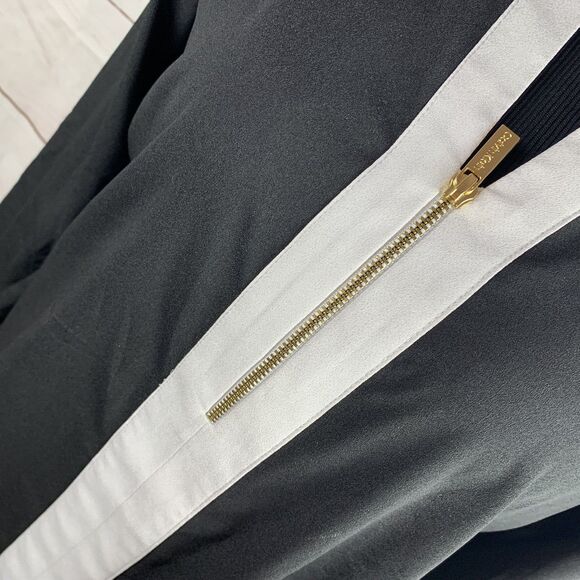 Calvin Klein XS Office Work Career Blouse Roll-up Sleeves Black White Gold Zip - Picture 3 of 16